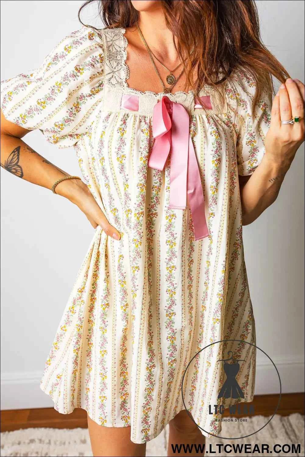 Multicolour Floral Print Contrast Ribbon Bow Lace Trim Square Neck Mini Dress