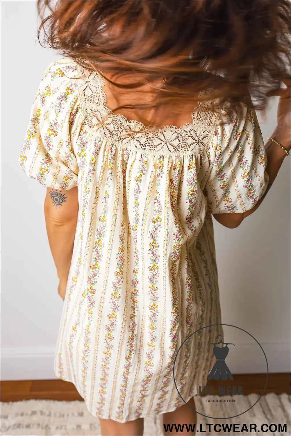 Multicolour Floral Print Contrast Ribbon Bow Lace Trim Square Neck Mini Dress