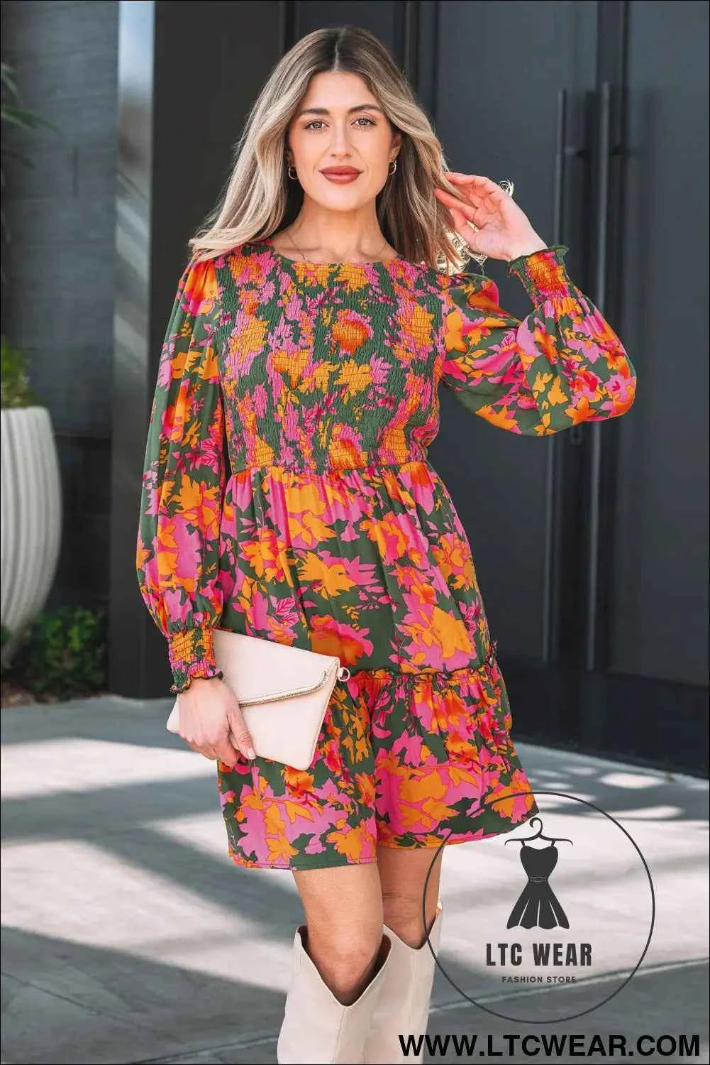 Multicolour Floral Print Long Sleeve Smocked Ruffled Mini Dress