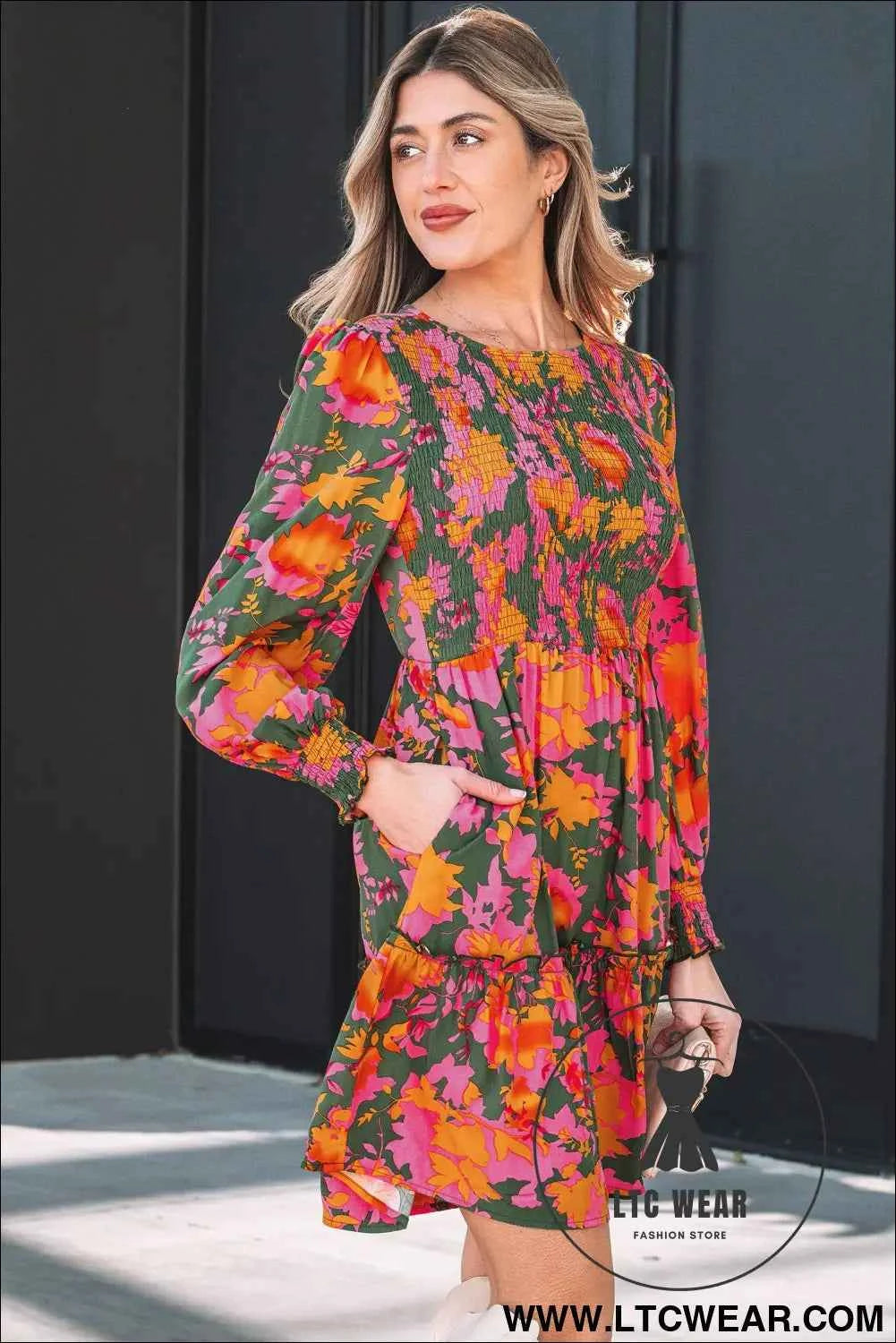 Multicolour Floral Print Long Sleeve Smocked Ruffled Mini Dress