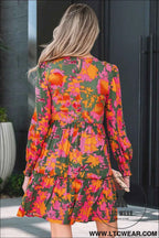 Multicolour Floral Print Long Sleeve Smocked Ruffled Mini Dress