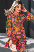 Multicolour Floral Print Long Sleeve Smocked Ruffled Mini Dress