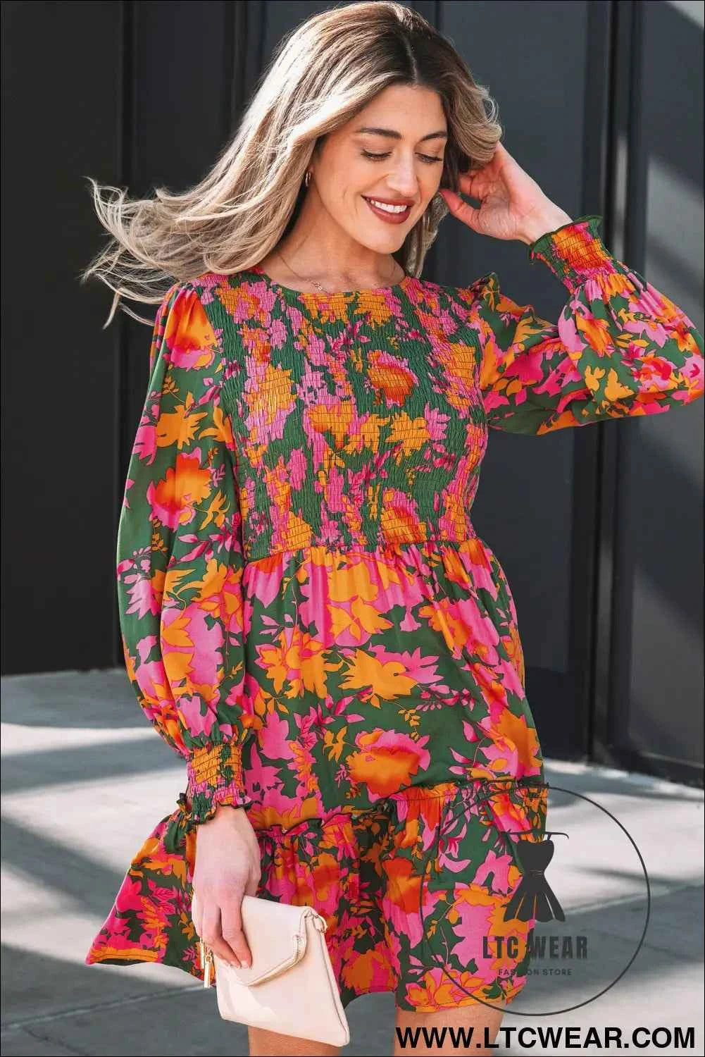 Multicolour Floral Print Long Sleeve Smocked Ruffled Mini Dress
