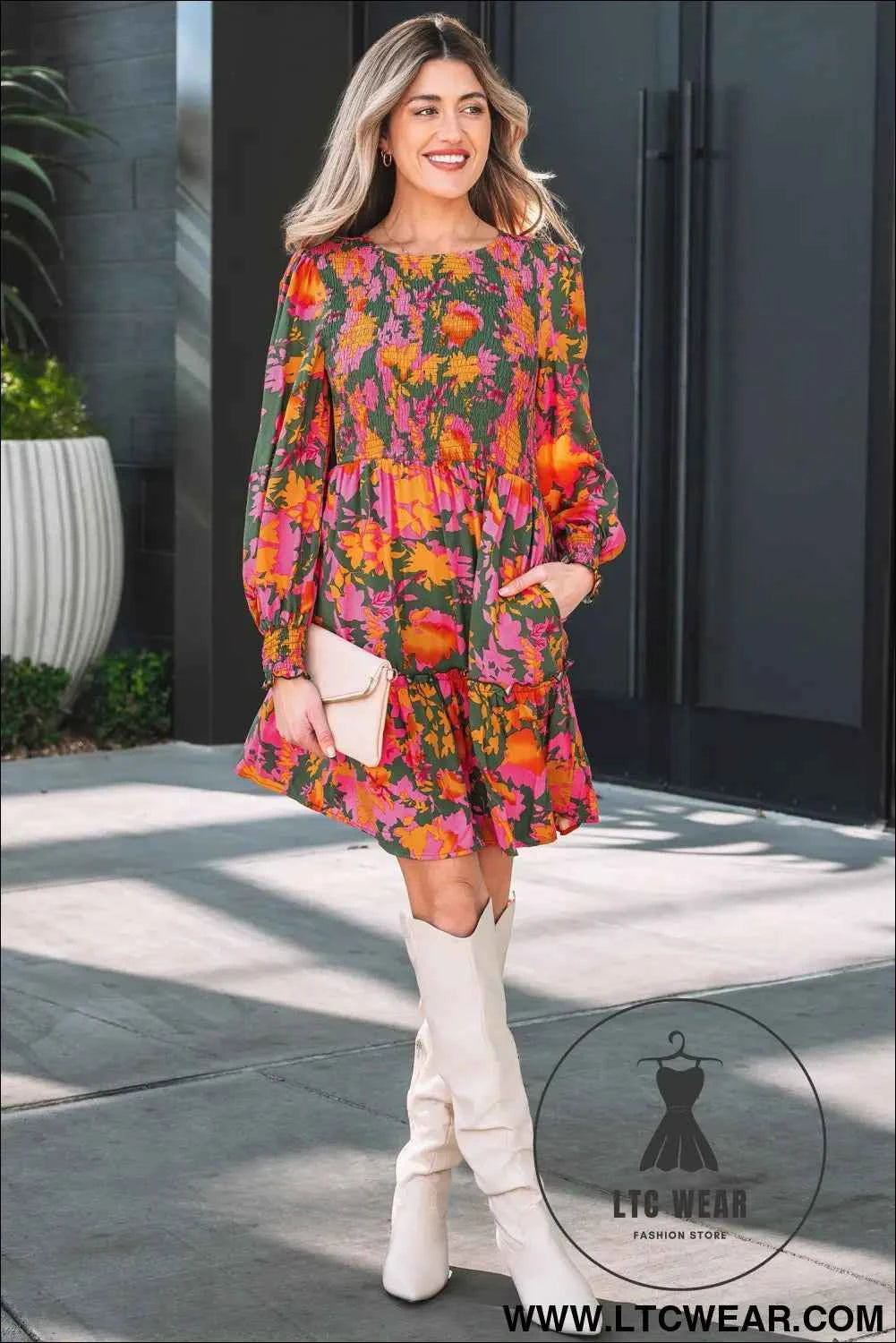 Multicolour Floral Print Long Sleeve Smocked Ruffled Mini Dress