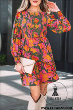 Multicolour Floral Print Long Sleeve Smocked Ruffled Mini Dress