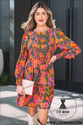 Multicolour Floral Print Long Sleeve Smocked Ruffled Mini Dress