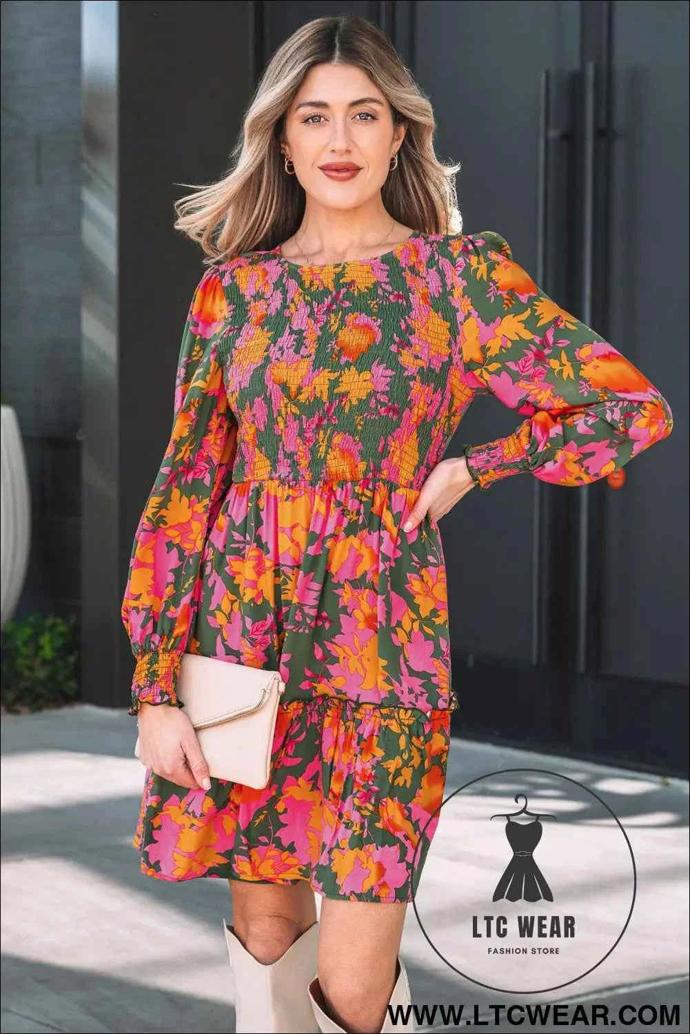 Multicolour Floral Print Long Sleeve Smocked Ruffled Mini Dress