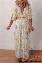 Multicolour Geometric Print Half Sleeve Shirred High Waist Maxi Dress