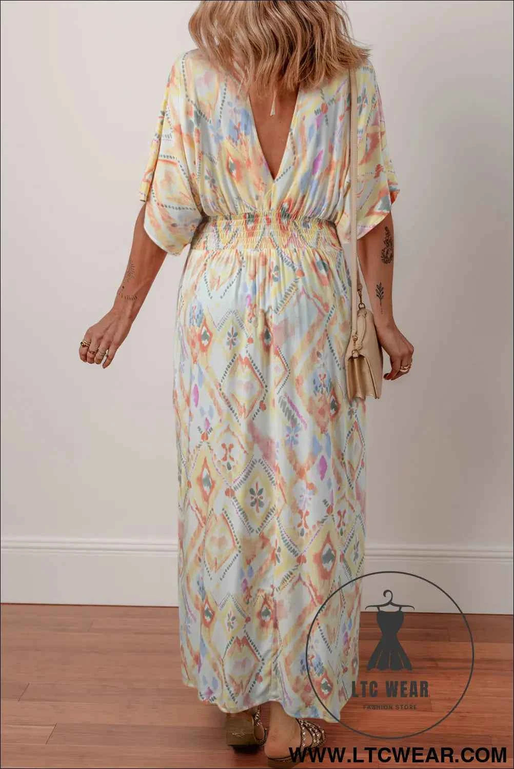 Multicolour Geometric Print Half Sleeve Shirred High Waist Maxi Dress