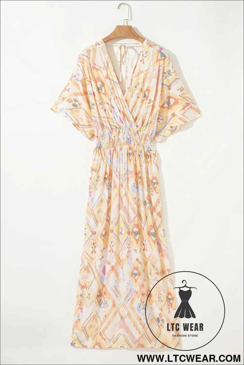 Multicolour Geometric Print Half Sleeve Shirred High Waist Maxi Dress