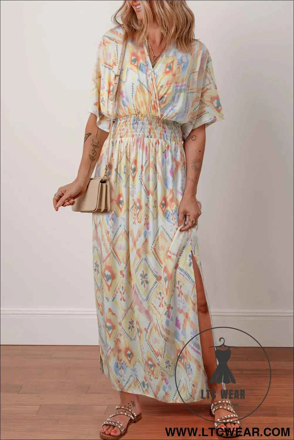 Multicolour Geometric Print Half Sleeve Shirred High Waist Maxi Dress