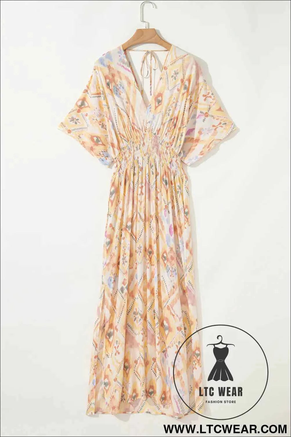 Multicolour Geometric Print Half Sleeve Shirred High Waist Maxi Dress