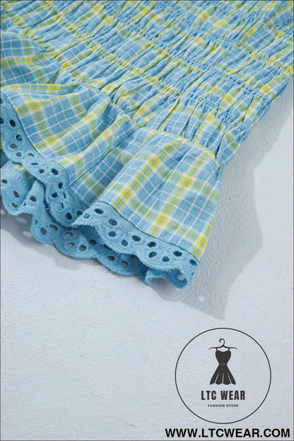 Multicolour gingham smoked lace trim tank top - blouses & shirts