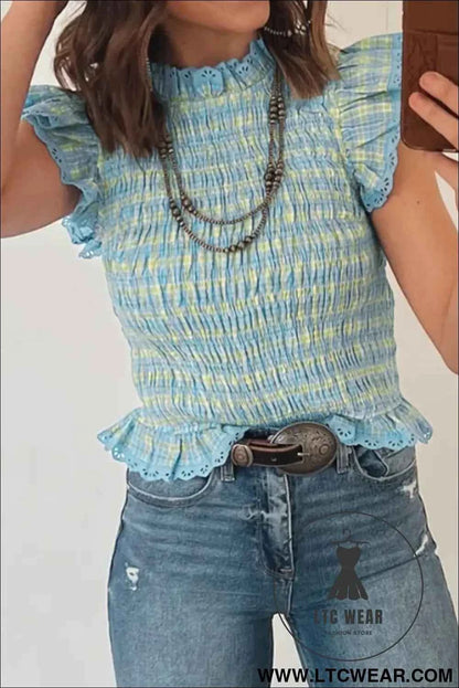 Multicolour Gingham Smoked Lace Trim Tank Top