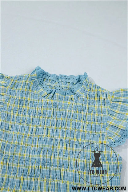 Multicolour gingham smoked lace trim tank top - blouses & shirts