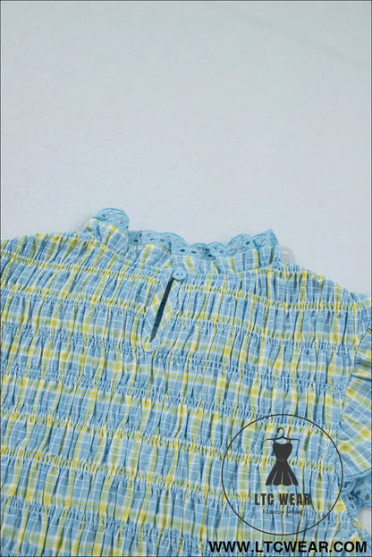 Multicolour gingham smoked lace trim tank top - blouses & shirts