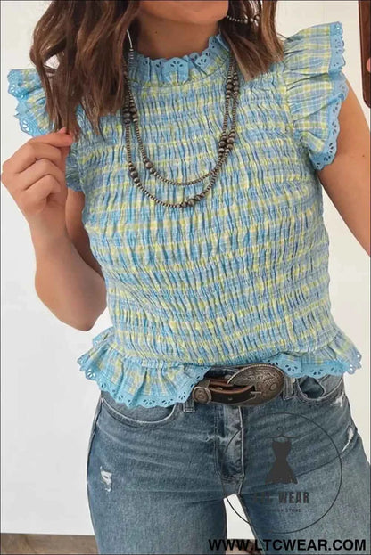 Multicolour Gingham Smoked Lace Trim Tank Top