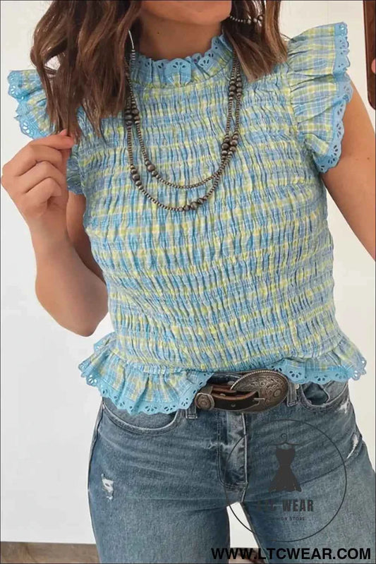 Multicolour Gingham Smoked Lace Trim Tank Top