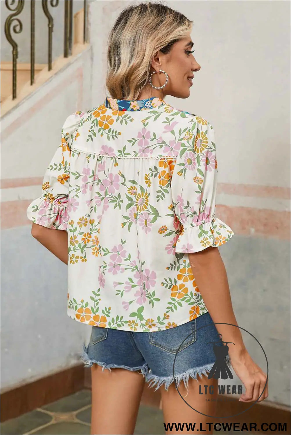 Multicolour Half Sleeve Boho Floral Pop of Color Neckline Blouse