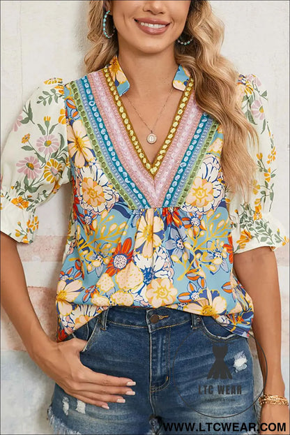 Multicolour Half Sleeve Boho Floral Pop of Color Neckline Blouse