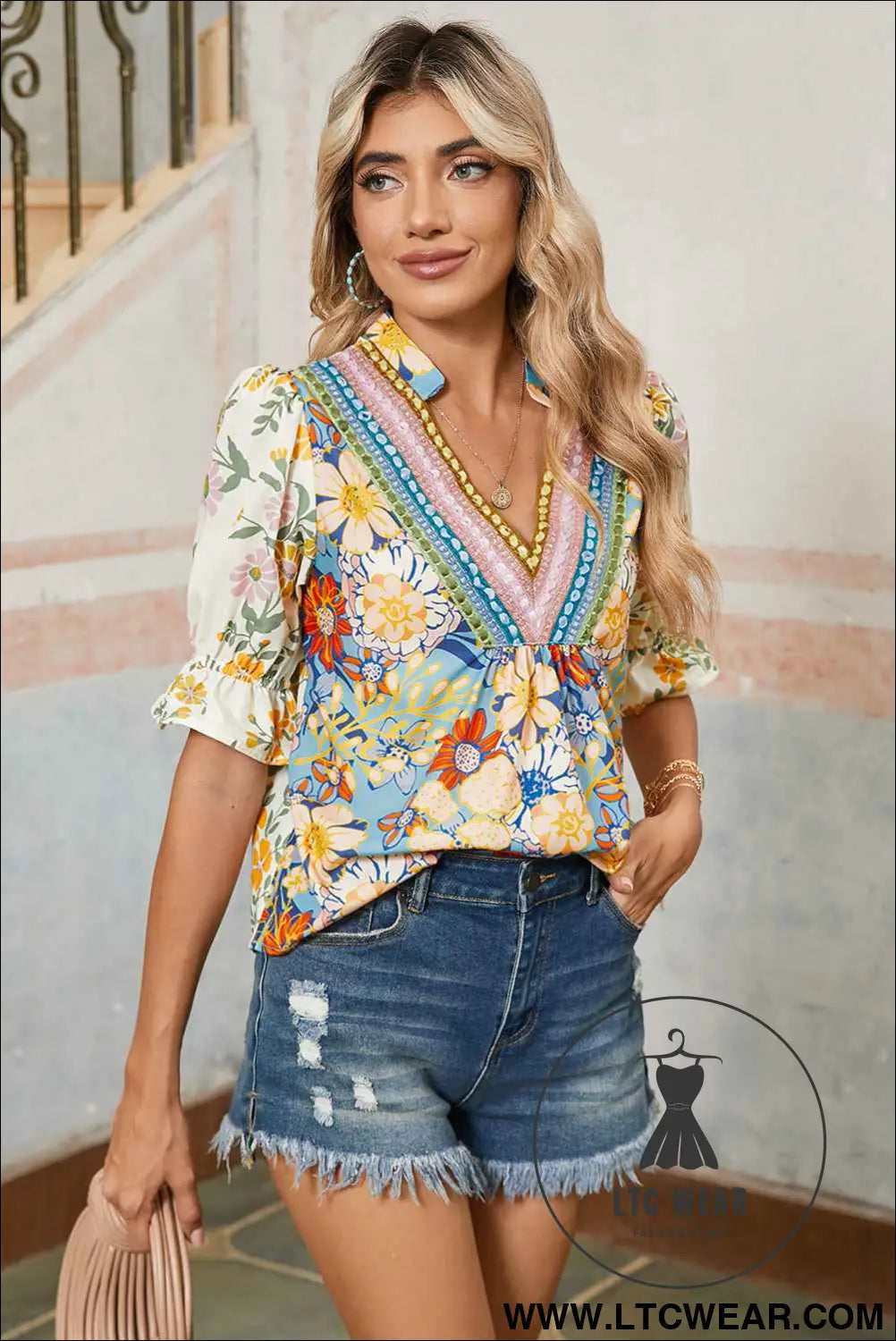 Multicolour Half Sleeve Boho Floral Pop of Color Neckline Blouse