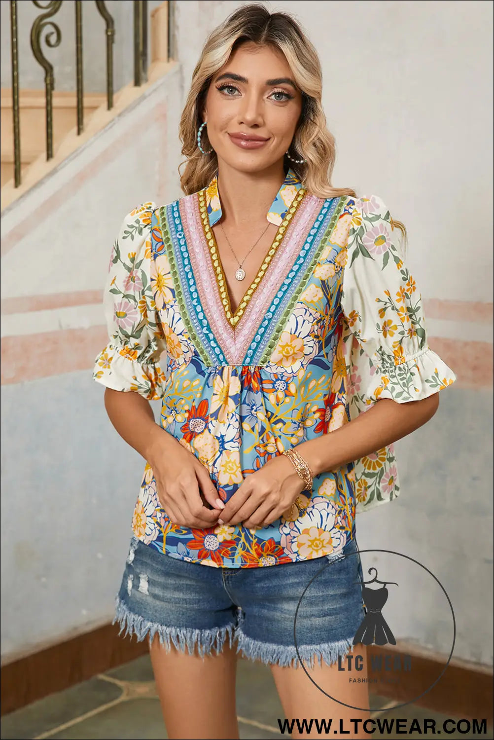 Multicolour Half Sleeve Boho Floral Pop of Color Neckline Blouse - L.T.C Wear Online Fashion Store