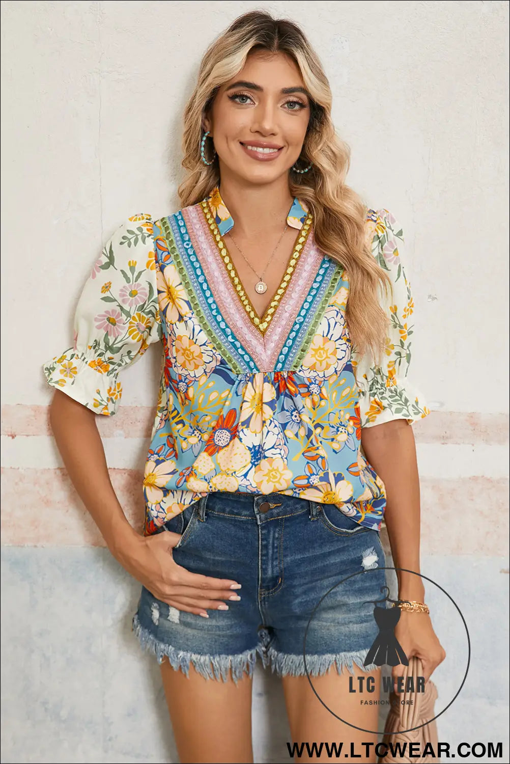 Multicolour Half Sleeve Boho Floral Pop of Color Neckline Blouse - L.T.C Wear Online Fashion Store