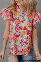 Multicolour lace trim ruffle short sleeve floral blouse - 15%