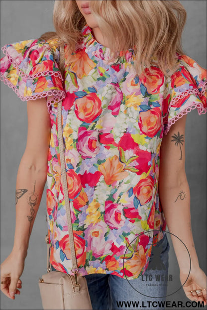Multicolour lace trim ruffle short sleeve floral blouse - 15%