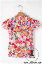Multicolour lace trim ruffle short sleeve floral blouse - 15%