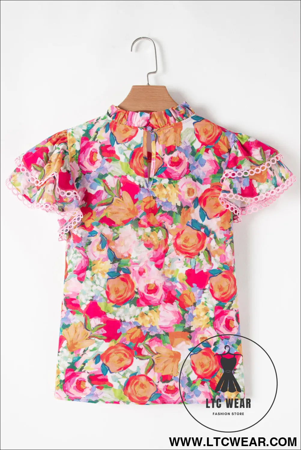 Multicolour lace trim ruffle short sleeve floral blouse - 15%