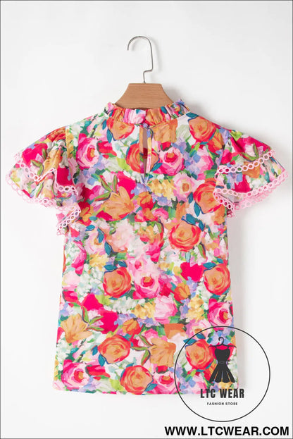 Multicolour lace trim ruffle short sleeve floral blouse - 15%