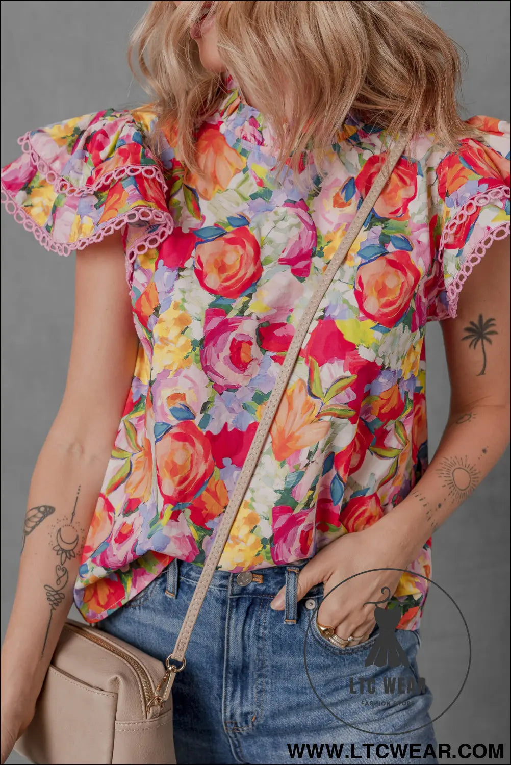 Multicolour lace trim ruffle short sleeve floral blouse - 15%