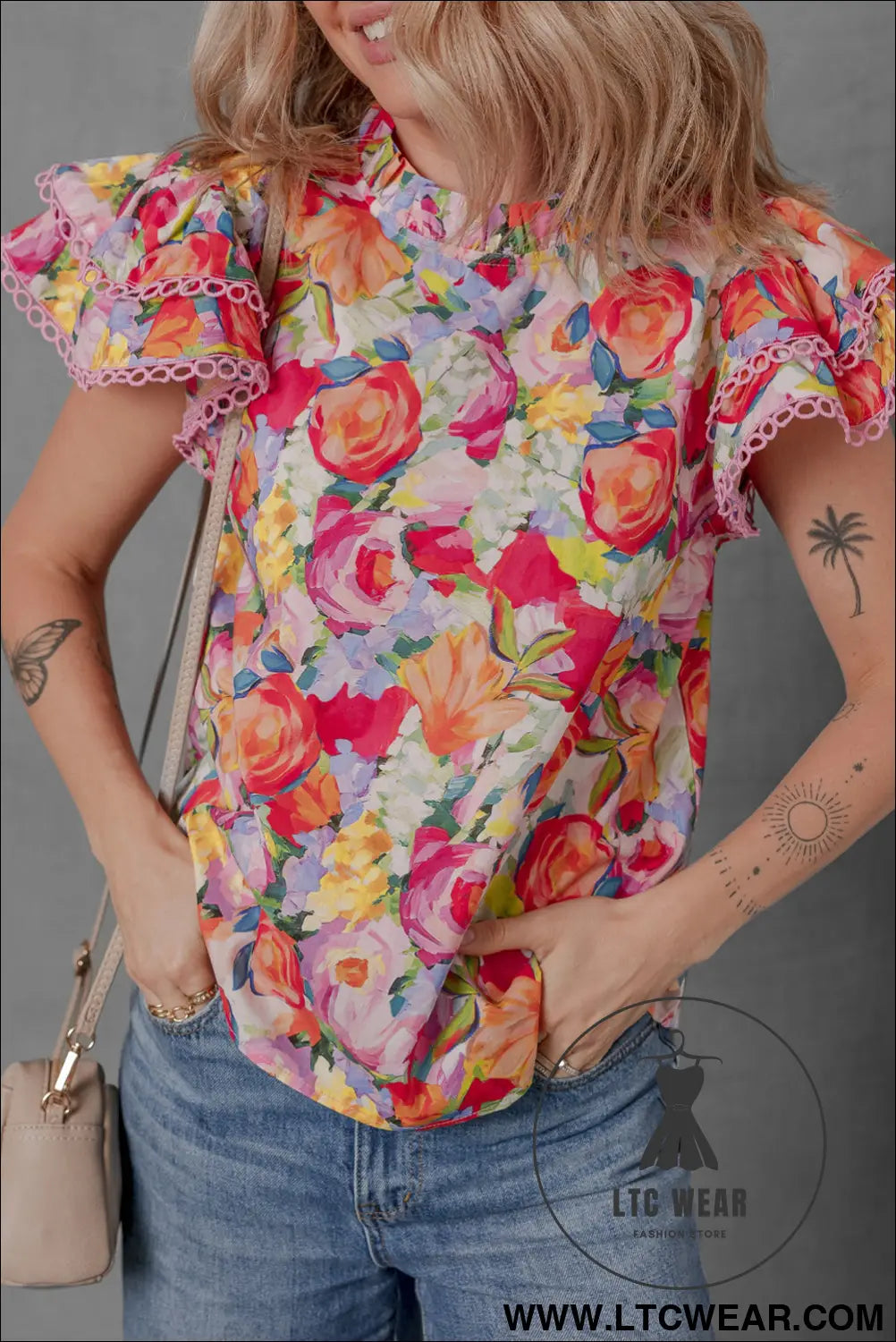 Multicolour lace trim ruffle short sleeve floral blouse - 15%