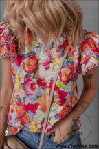 Multicolour lace trim ruffle short sleeve floral blouse - 15%