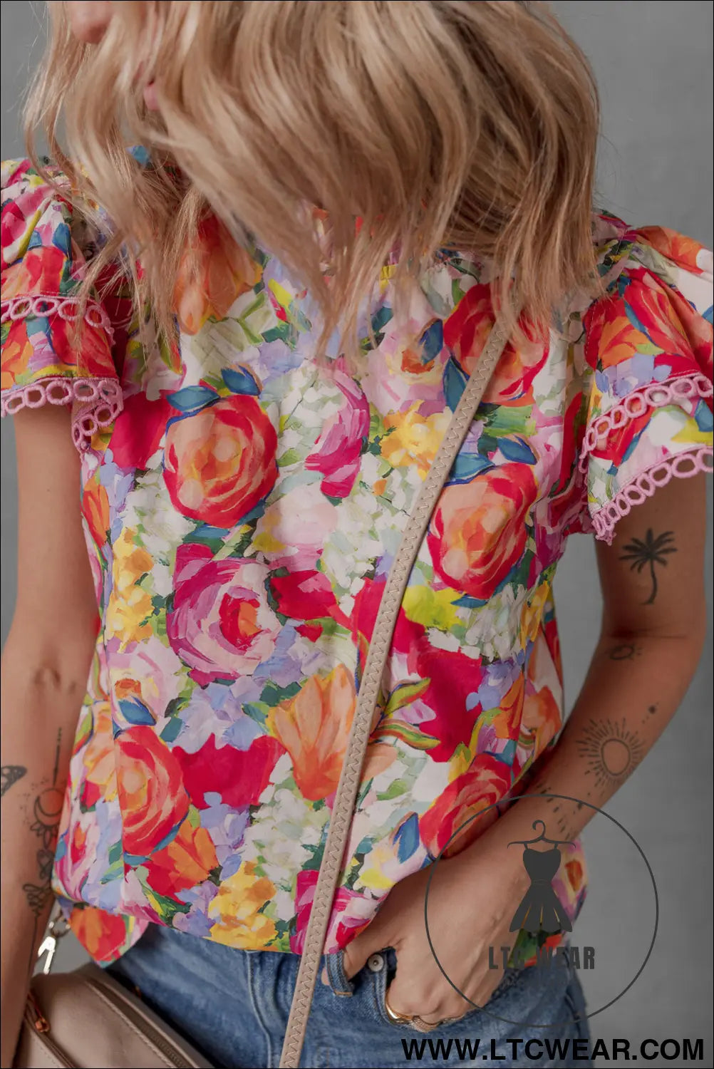 Multicolour lace trim ruffle short sleeve floral blouse - 15%