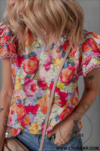 Multicolour lace trim ruffle short sleeve floral blouse - 15%