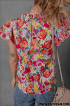 Multicolour lace trim ruffle short sleeve floral blouse - 15%