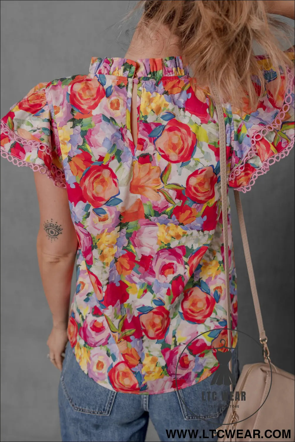 Multicolour lace trim ruffle short sleeve floral blouse - 15%