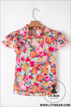Multicolour lace trim ruffle short sleeve floral blouse - 15%