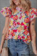 Multicolour lace trim ruffle short sleeve floral blouse - multicolour / l / 100% cotton - 15%