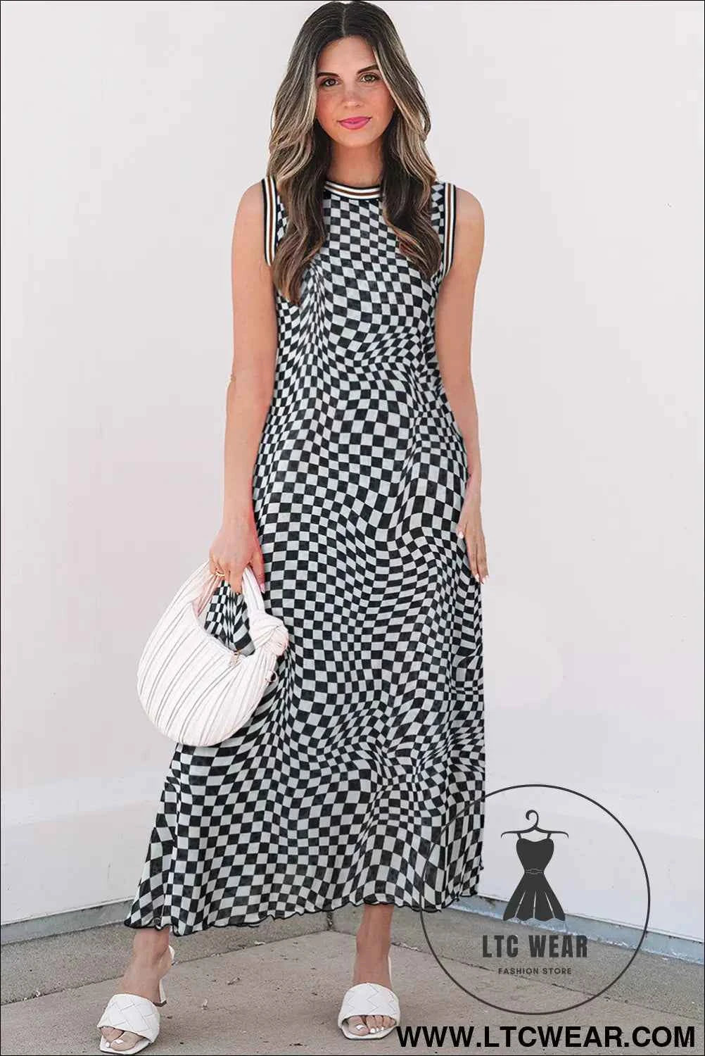 Multicolour Leopard Checkered Double Printed Reversible Sleeveless Long Dress