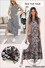 Multicolour Leopard Checkered Double Printed Reversible Sleeveless Long Dress