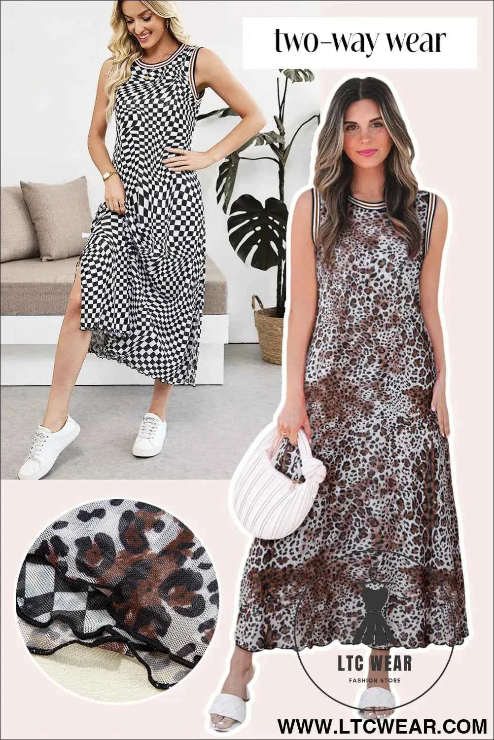 Multicolour Leopard Checkered Double Printed Reversible Sleeveless Long Dress