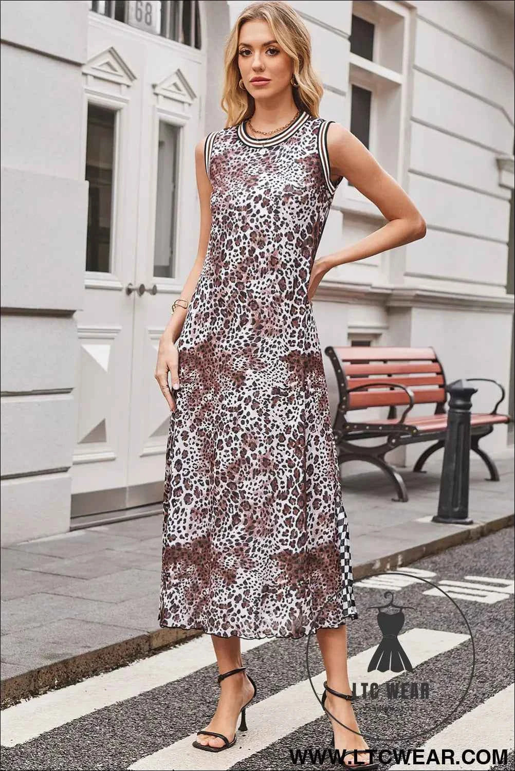 Multicolour Leopard Checkered Double Printed Reversible Sleeveless Long Dress