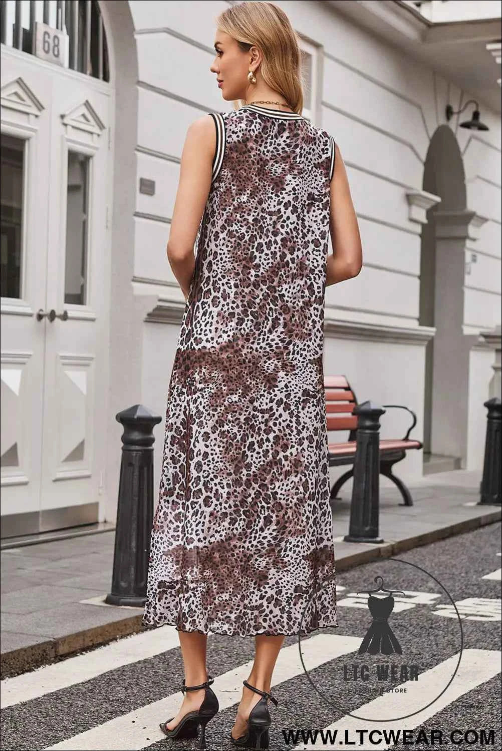 Multicolour Leopard Checkered Double Printed Reversible Sleeveless Long Dress
