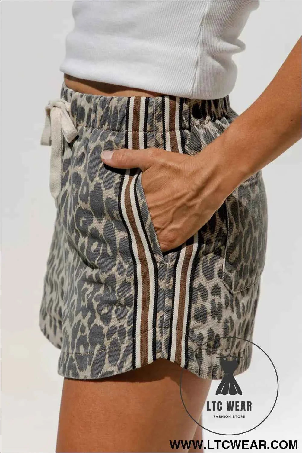 Multicolour Leopard Pattern Striped Detail Drawstring Denim Shorts