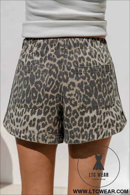 Multicolour Leopard Pattern Striped Detail Drawstring Denim Shorts