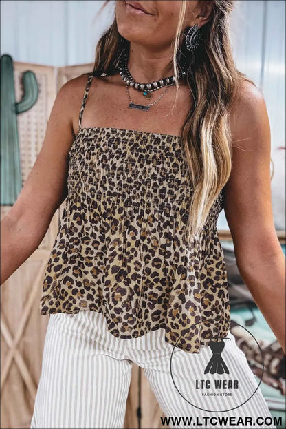 Multicolour Leopard Spaghetti Straps Shirred Ruffle Tank Top