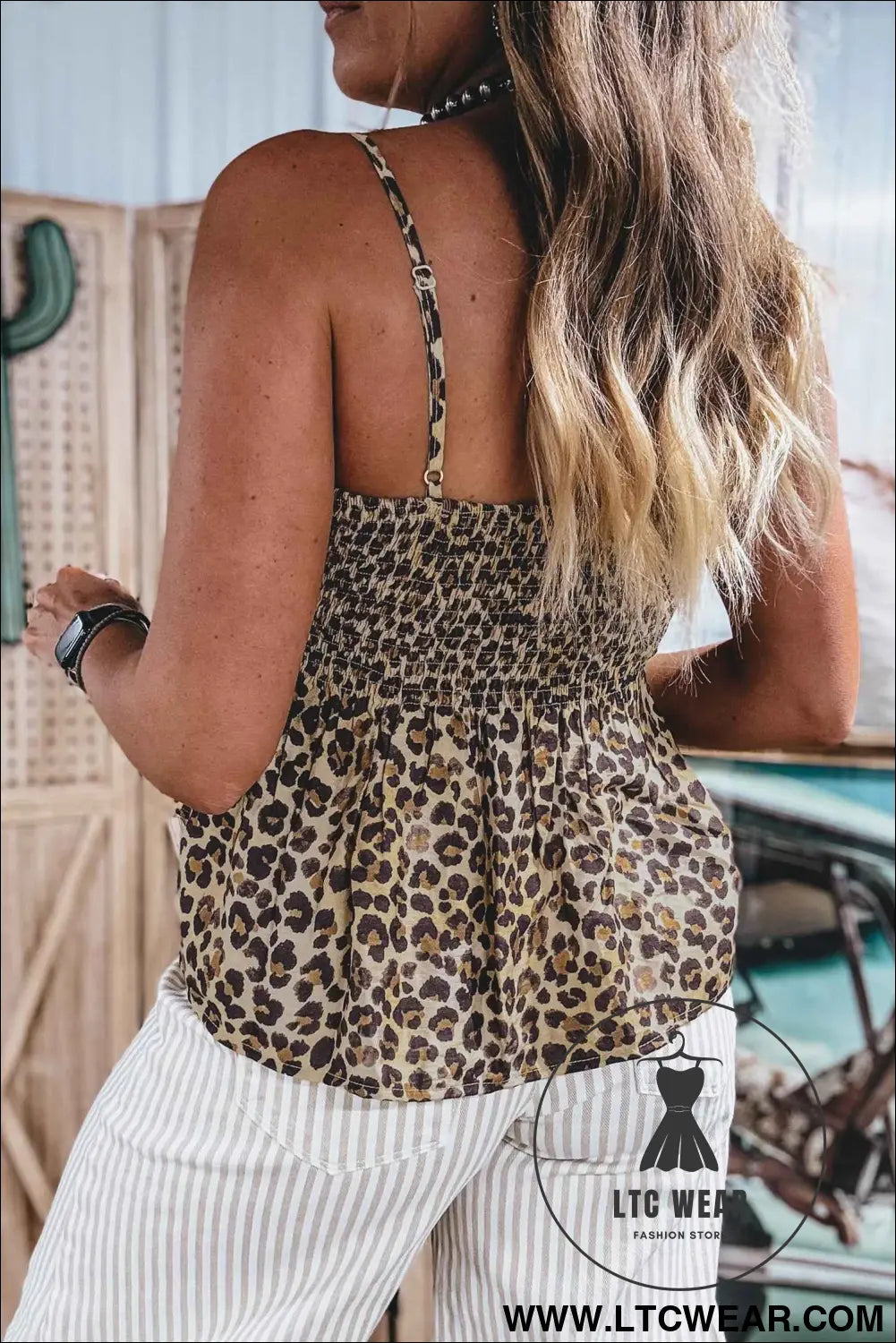 Multicolour Leopard Spaghetti Straps Shirred Ruffle Tank Top